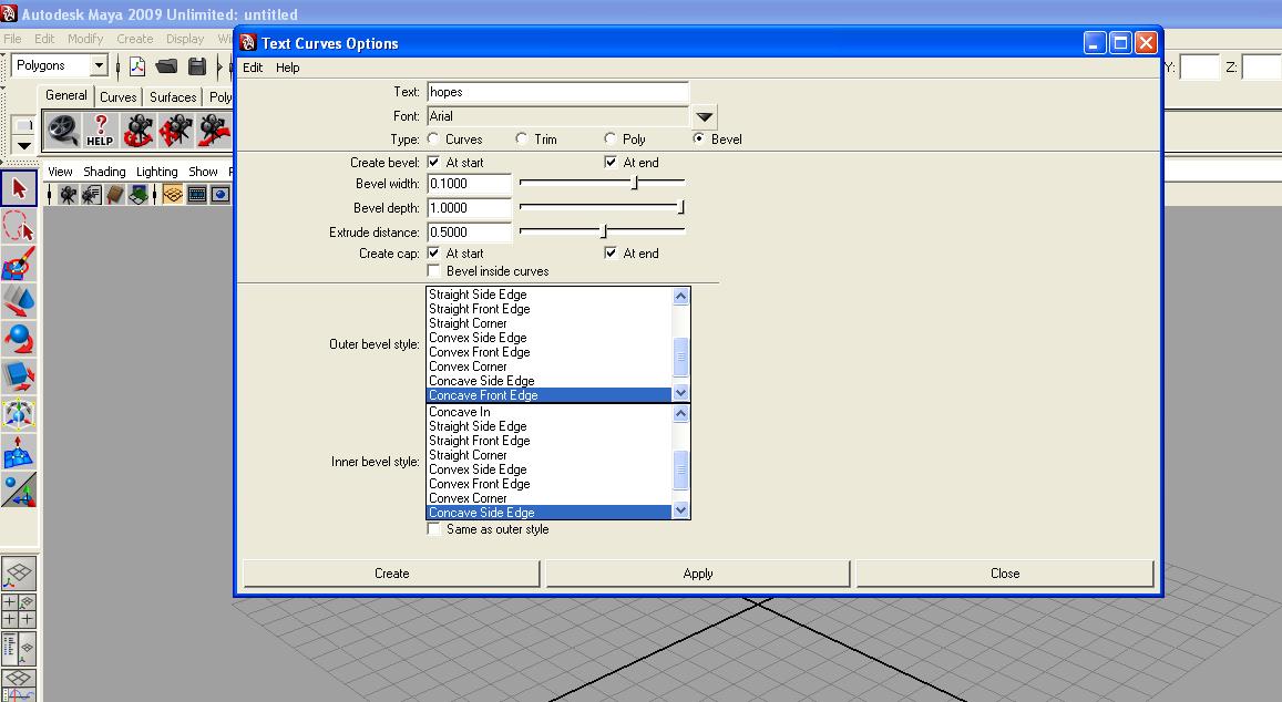 step2 Step 2: Text creation settings. The text at the top ("hope" in this example) is whatever word you want. The font is crucial: some of the bevel options will fail on some fonts; on some fonts 'e' or 'a' will be filled over. Arial is a safe choice. The width, depth and extrude distance can all be changed. The bevel type can be changed but some combinations will lead to weirdnesses. The text can also be