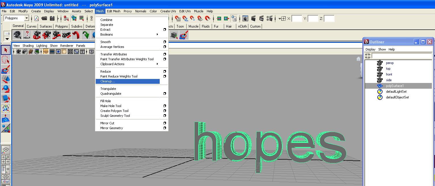 step5 Step 5: This step is crucial. Note that dropdown at the top left is set 'polygons', this brings up the polygon menus. Under 'Mesh' select 'Cleanup'. --It is possible to also use the weld tool and search out all osrts of irregularities but that also involves work. Purer less-time-weary craftsman than myself may consider such voyages necessary, but on this quick path to rendering, Cleanup is essential.