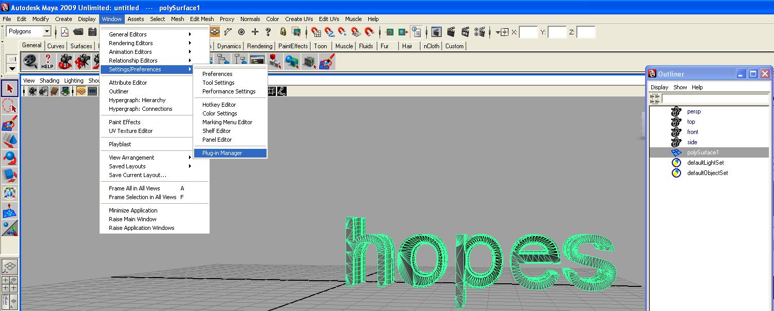 step7 Step 7: Enabling the model for export from Maya involves activating the export obj plugin under 'Windows' 'Settings' 'Plug-in Manager'.