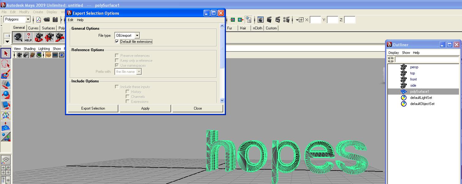 step9 Step 9: Last step: with your model selected goto 'File' --> 'Export Selection', select 'obj' in the dropdown list, press 'Export Selection'.
